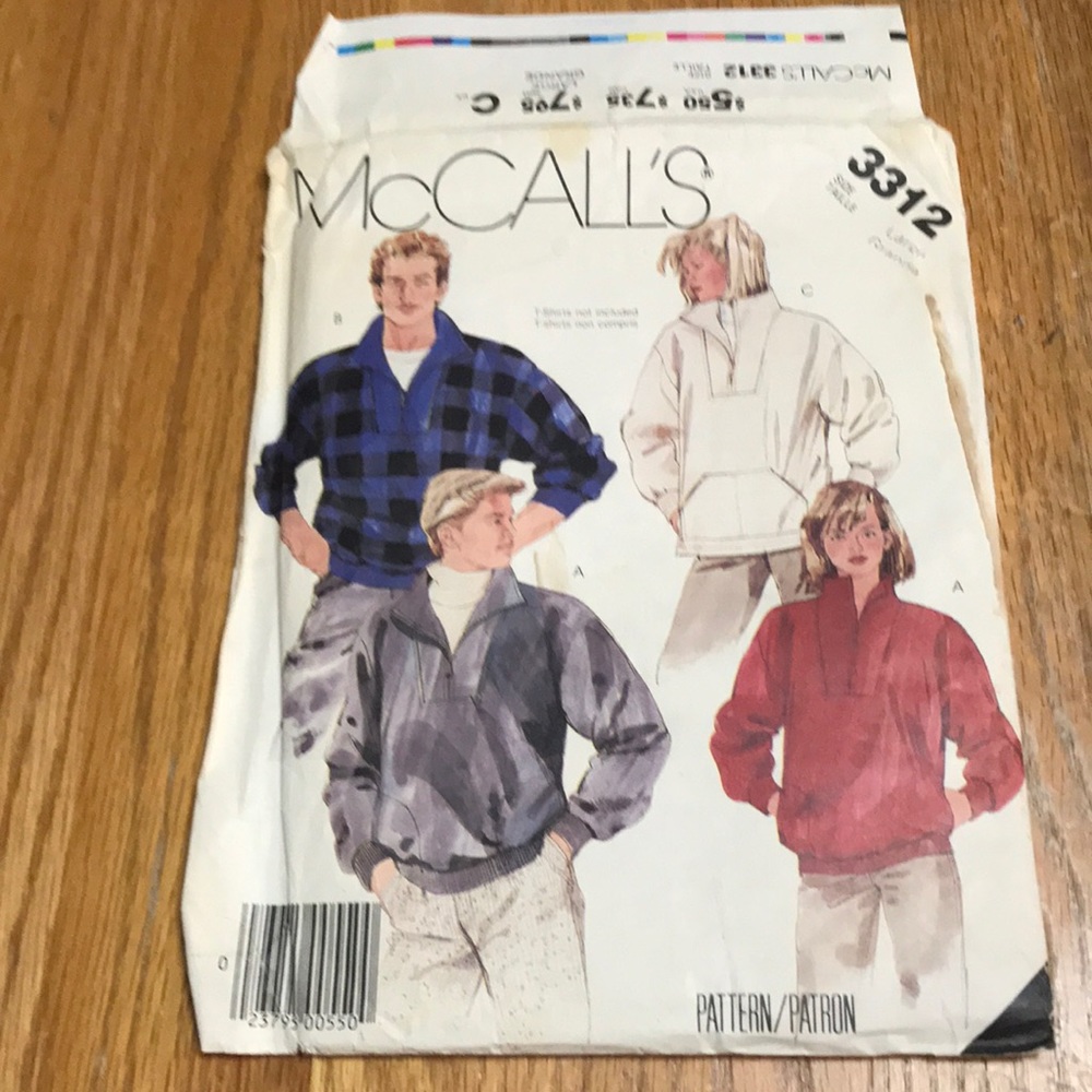 Vintage sewing pattern McCall’s 3312 unisex pullover 80s